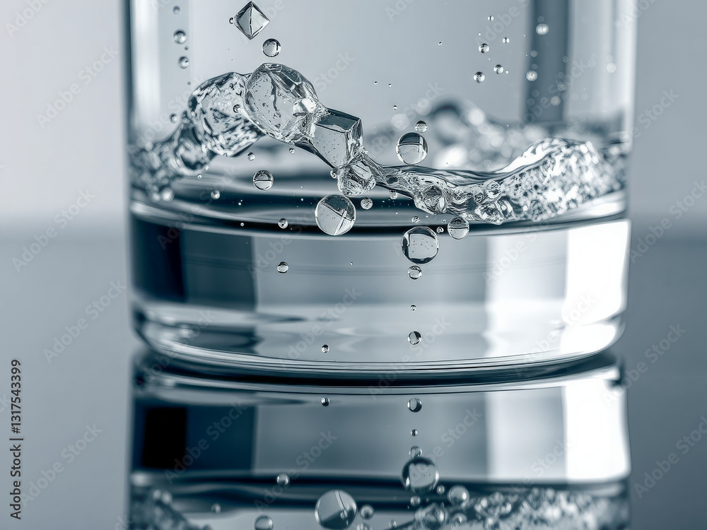 A glass of water with a splash of water on the side. The water is clear and the splash is small