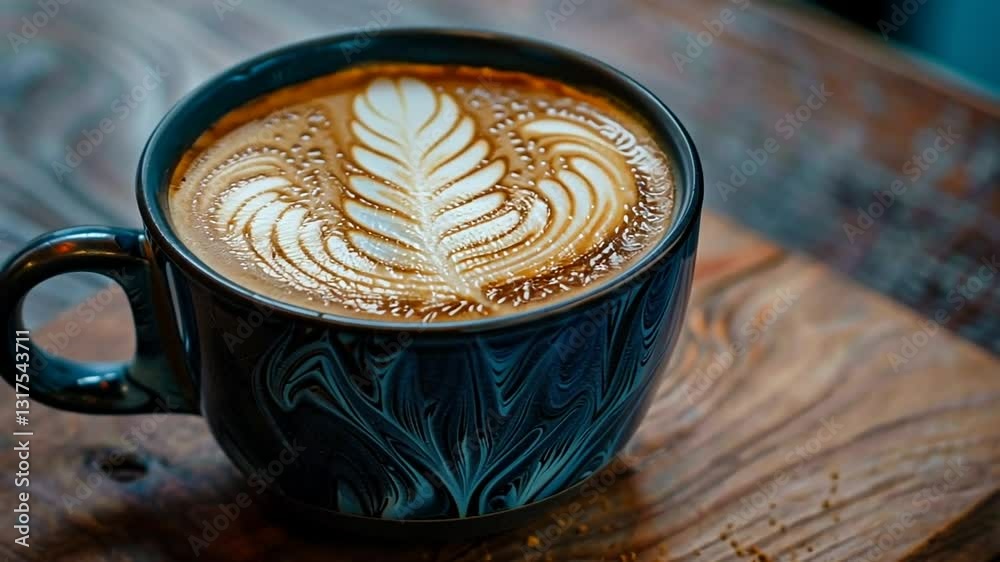 Detailaufnahme von Cappuccino mit Latte Art in blauer Tasse
