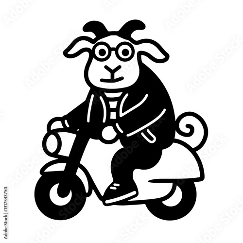 Unique and humorous illustration of a goat riding a scooter with style and attitude captured in vector design