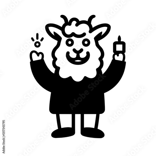 Delightful cartoon sheep character holding a light bulb and waving cheerfully in a playful design