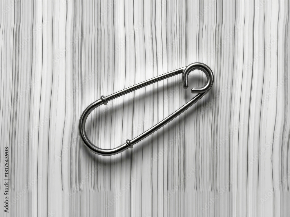 A silver bobby pin is sitting on a wooden surface. The bobby pin is bent and twisted, and it is a vintage piece. The image has a vintage and nostalgic feel to it