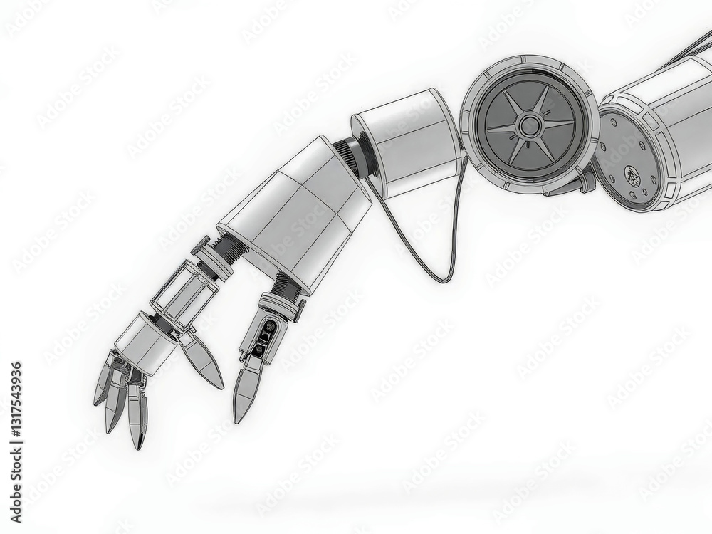 A robotic arm with a white cord attached to it. The arm is in motion, and the cord is attached to a device. Concept of technology and innovation