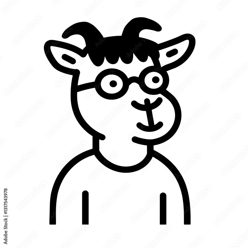 Unique cartoon goat character sporting glasses and a quirky expression in a minimalist style Unique cartoon goat character sporting glasses and a quirky expression in a minimalist style