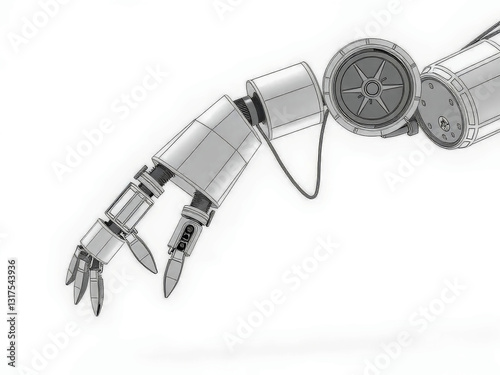 Obraz na płótnie A robotic arm with a white cord attached to it. The arm is in motion, and the cord is attached to a device. Concept of technology and innovation w salonie