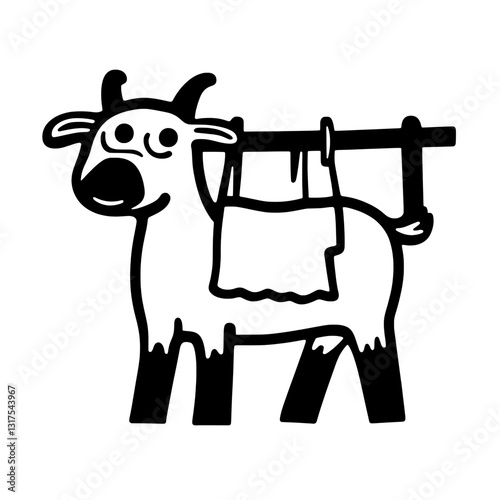 Illustration of a cheerful goat hanging on a wooden post in a rustic farm setting, emphasizing rural life and craftsmanship