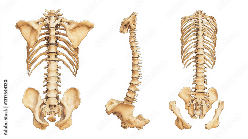 Obraz premium Spinal cord schematic diagram with all sections - cervical spine, thoracic spine, lumber spine, sacrum, coccyx. And diagram of vertebra. 