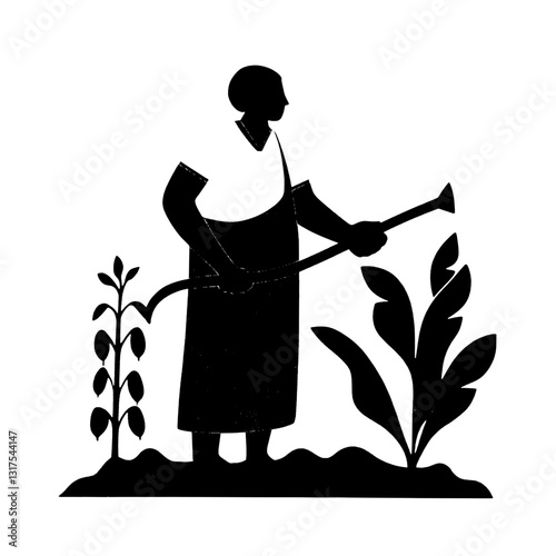 Celebrating the art of gardening with a dedicated silhouette tending to lush plants in a tranquil landscape