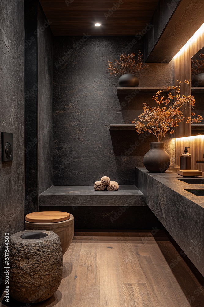Moody Dark Bathroom with Black Fixtures and Greenery