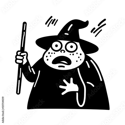 Surprising wizard with wide eyes holds a wand in a mystical forest, ready to cast spells on an adventurous evening