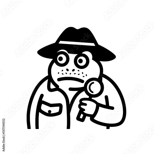 Detective frog holding a magnifying glass investigates clues in a whimsical cartoon setting