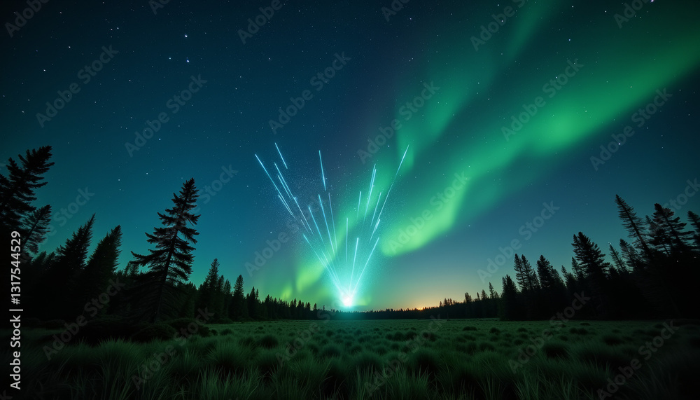 Mystical meteor shower illuminating forest clearing at night, ethereal beauty Mystical meteor shower illuminating forest clearing at night, ethereal beauty