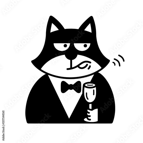 Sophisticated cartoon raccoon in tuxedo holds a glass, exuding charm and elegance with a hint of mischief
