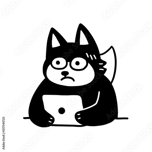 Sitting feline character engaged with a digital device in a minimalist style during an imaginative indoor exploration