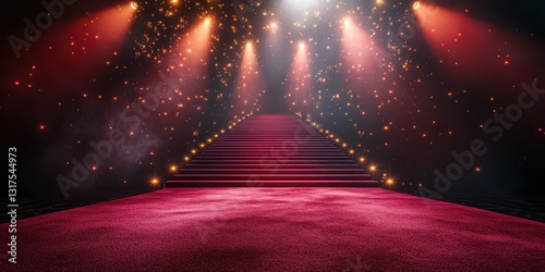 Stairs leading to a stage adorned with dazzling lights inviting guests for a grand event in a vibrant setting