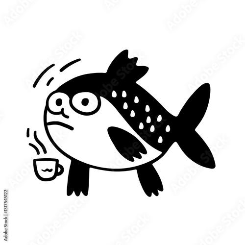 Curious fish enjoying a hot cup of coffee in a whimsical underwater cafe at dawn
