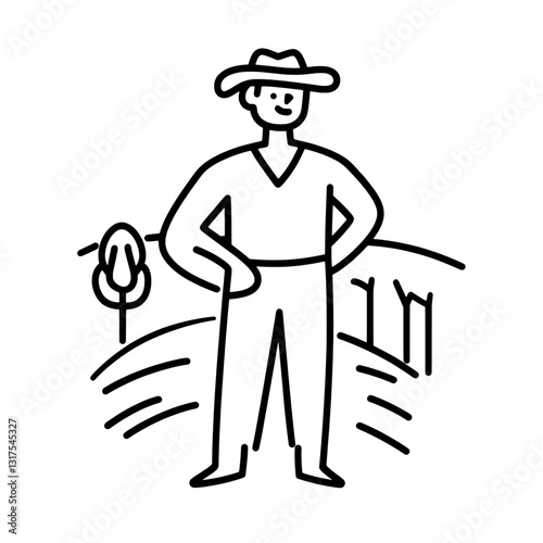 Vector representation of a farmer standing proudly in an open field, showcasing rural life and dedication to agriculture