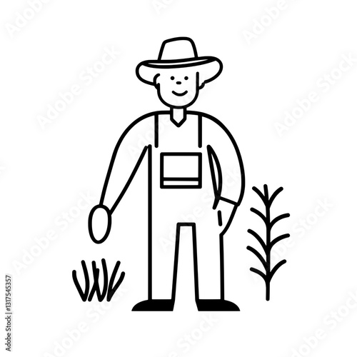 Illustration of a cheerful farmer tending to crops in a lush rural landscape during sunny day