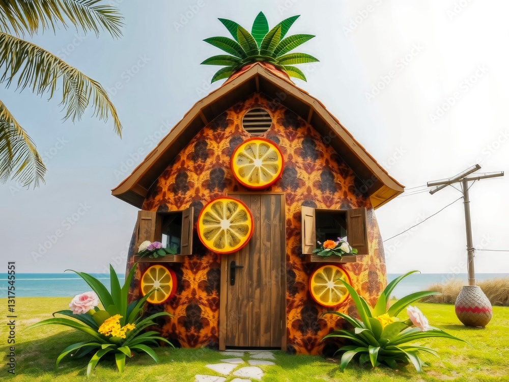 A house made of oranges and a palm tree on top. The house is on a beach and has a blue sky in the background