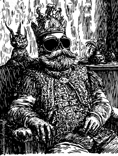 Regal figure adorned in opulent attire rests leisurely with a cat companion in a whimsically designed room