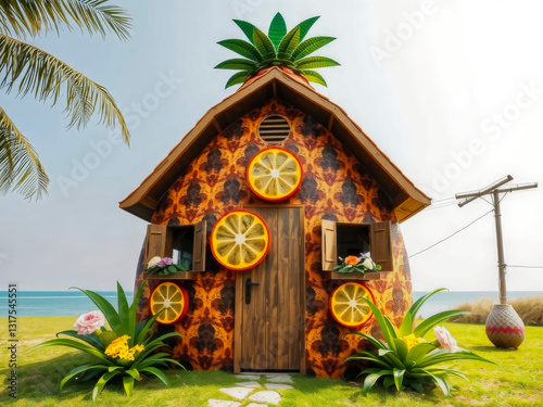 Obraz na płótnie A house made of oranges and a palm tree on top. The house is on a beach and has a blue sky in the background w salonie