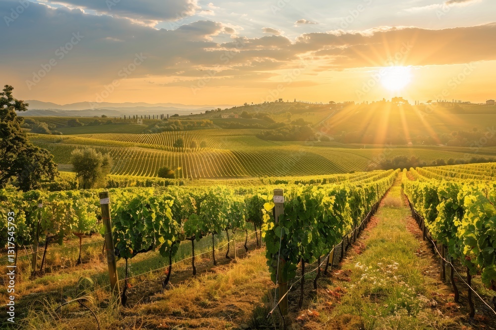 Naklejka premium Sunset Over Rolling Hills and Vineyards in Tuscany