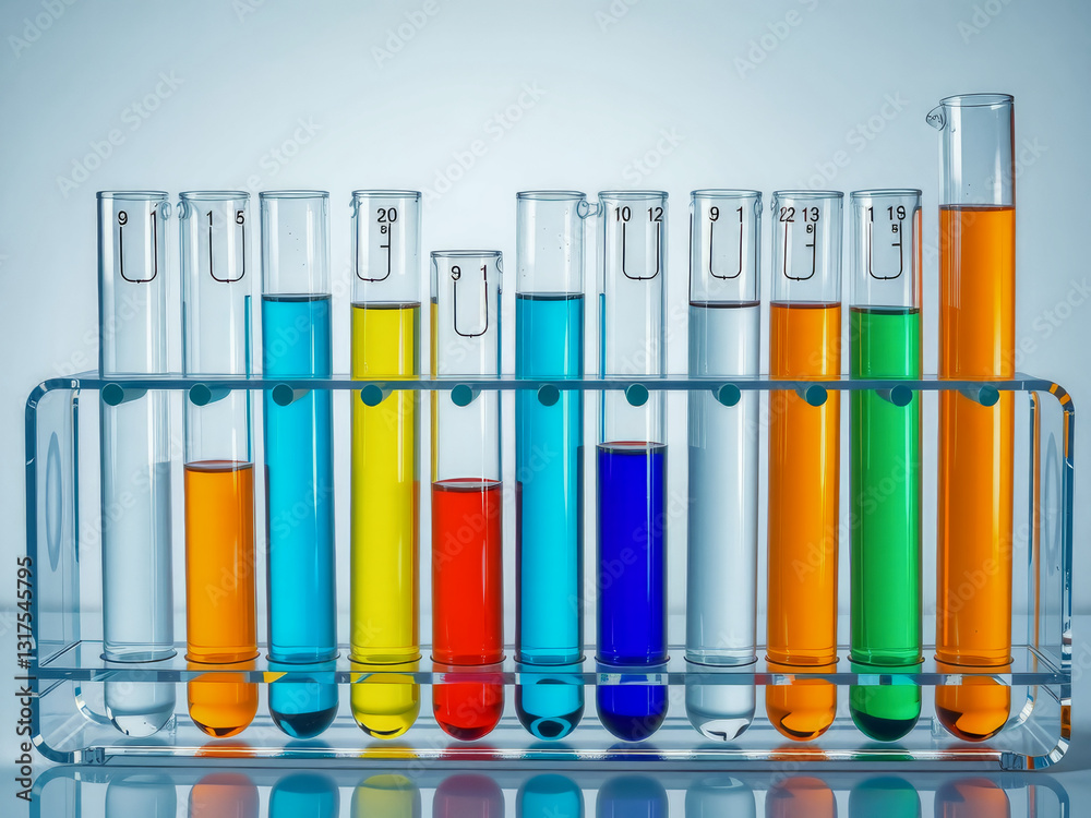 A row of glass beakers with different colored liquids in them. The colors are red, blue, green, yellow, and orange