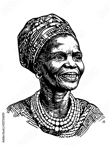 Portrait of a joyful elder woman wearing traditional attire and accessories in a vibrant cultural expression