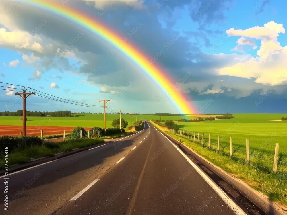 A rainbow is seen over a road with a green field in the background. The sky is cloudy and the sun is shining