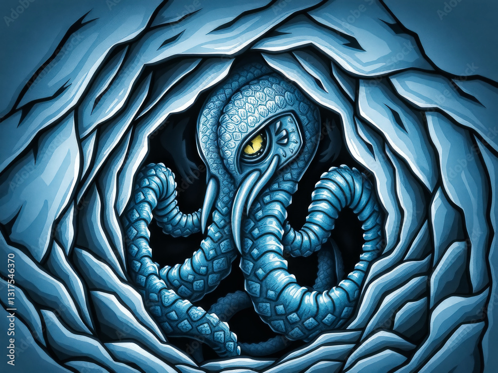 A blue octopus with a large head and a long body is shown in a cave. The octopus is surrounded by rocks and he is in a dark, mysterious environment. Concept of curiosity and wonder