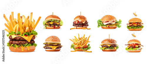 Delicious burgers set, French fries, tasty fast food, burger meal, crispy fries, grilled burgers, fresh ingredients, fast food meal, burger and fries combo, savory snacks