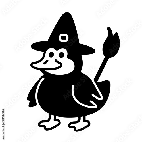 Charming witch duck character dons a pointed hat in a whimsical vector design perfect for autumn themes