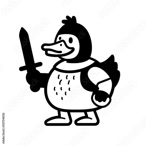 Quirky knight duck holding a sword in a playful fantasy setting with bold vector graphics