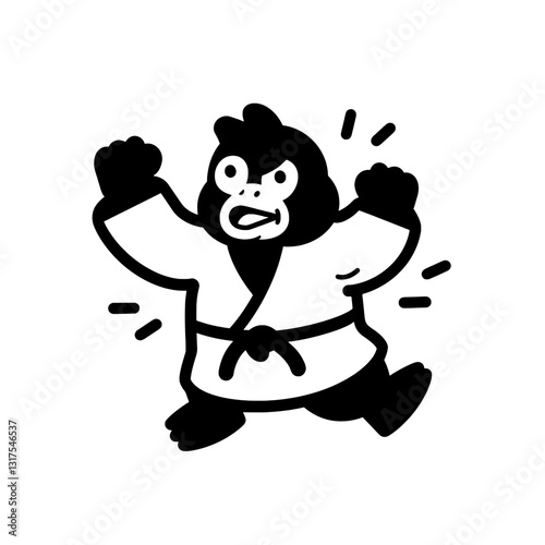 Energetic cartoon monkey character dressed in martial arts uniform performing a joyful action in a playful setting