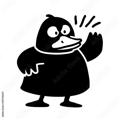 Quirky black cartoon duck waving hello with a playful expression in a minimalist vector design style