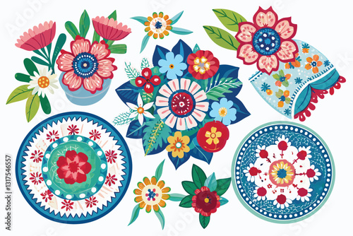 A variety of vibrant floral patterns decorate white fabric, featuring multiple flowers in different styles, Set of differents flower linen on white background,