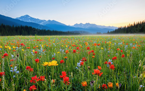 Vibrant flowers bloom in dewy meadow with majestic mountains in background photo