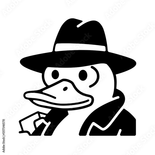 Detective duck wearing a fedora and trench coat holds a magnifying glass in a stylish noir-inspired vector art piece