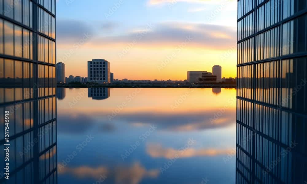 A stunning sunset reflection between two modern glass skyscrapers. The vibrant colors of the sky contrast beautifully with the tranquil water, creating a serene urban landscape. A stunning sunset reflection between two modern glass skyscrapers. The vibrant colors of the sky contrast beautifully with the tranquil water, creating a serene urban landscape.
