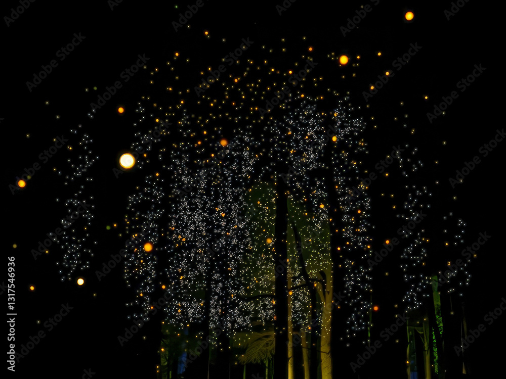 A tree with many lights on it. The lights are yellow and they are falling from the tree