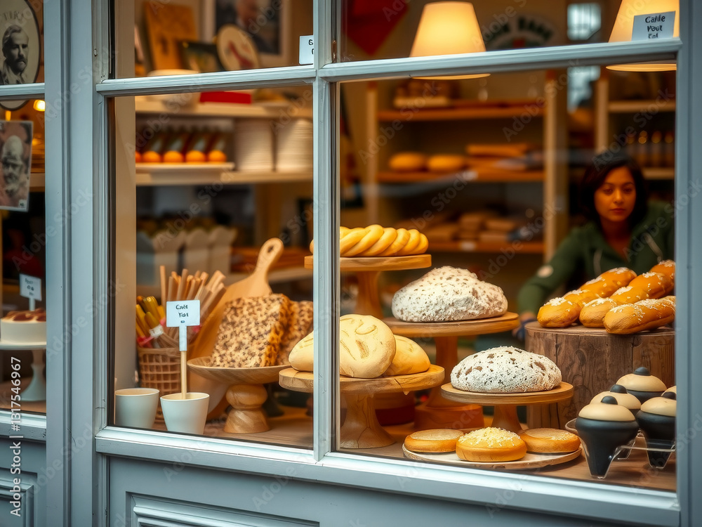 A bakery window display with a woman behind it. The display includes a variety of pastries and breads, including cakes, donuts, and croissants