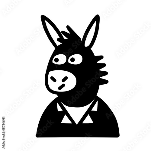 Creative black vector illustration of a cartoon donkey character with quirky features and attire