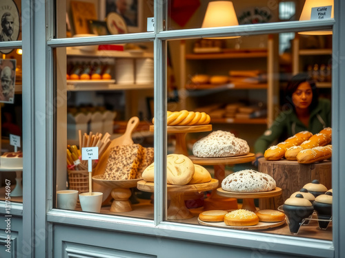 Obraz na płótnie A bakery window display with a woman behind it. The display includes a variety of pastries and breads, including cakes, donuts, and croissants w salonie