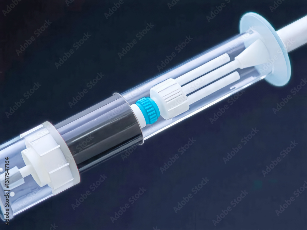 A close up of a medical device with a blue and white tube. The tube is attached to a white bulb