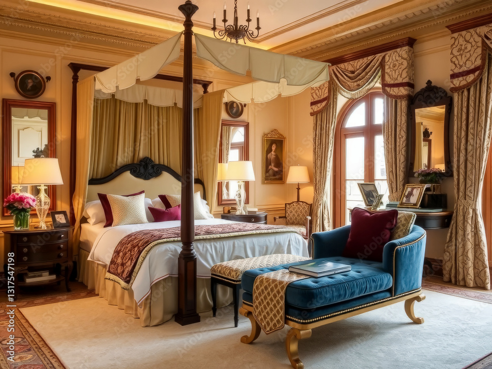 A large bed with a canopy and a blue chaise lounge. The room is decorated in a luxurious style with a lot of furniture and accessories