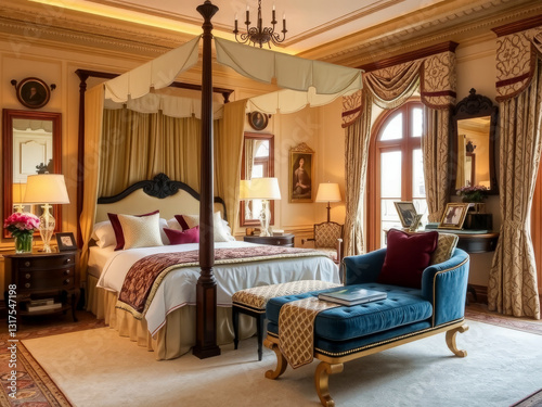 Obraz na płótnie A large bed with a canopy and a blue chaise lounge. The room is decorated in a luxurious style with a lot of furniture and accessories w salonie