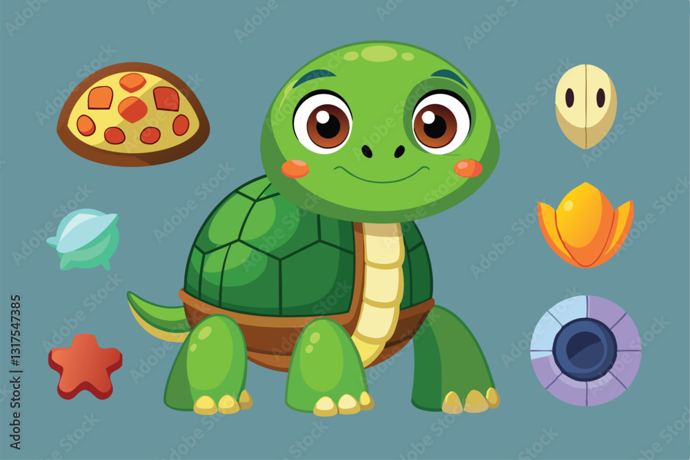 Obraz premium A friendly turtle character is accompanied by animated elements like food and toys, creating a whimsical vibe, Set of elements for animating cute turtle,
