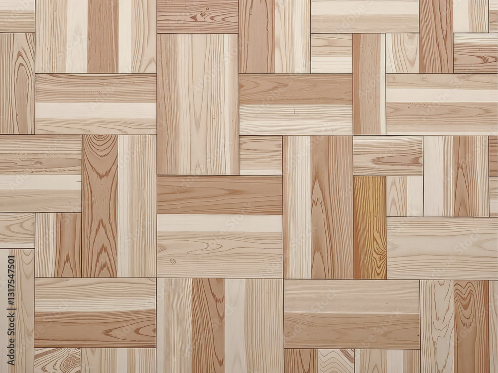 A wooden floor with a pattern of squares and rectangles. The floor is made of wood and has a natural look