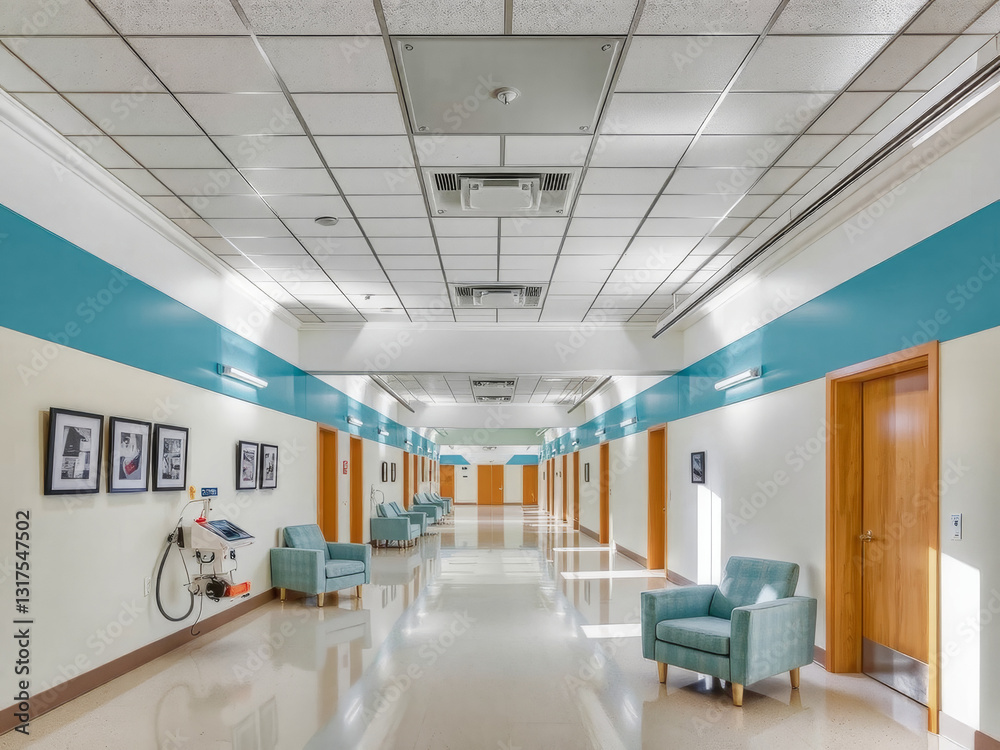 A long hallway with blue walls and white floors. There are chairs and a machine in the hallway