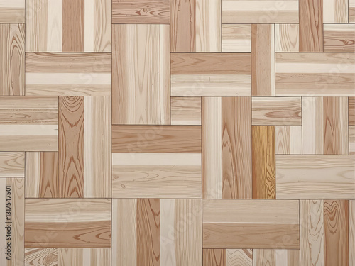 A wooden floor with a pattern of squares and rectangles. The floor is made of wood and has a natural look