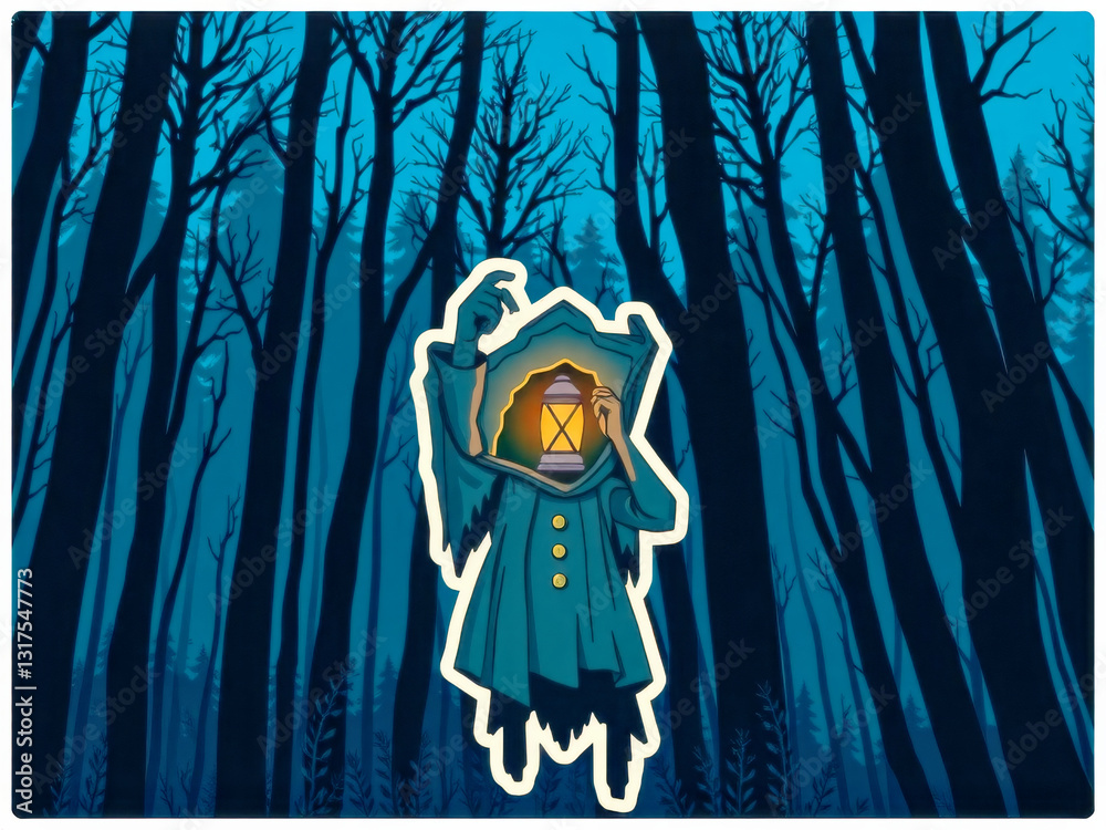 A creepy figure with a lantern in its hand stands in a dark forest. The lantern casts a dim light on the figure, creating an eerie atmosphere. Concept of mystery and unease